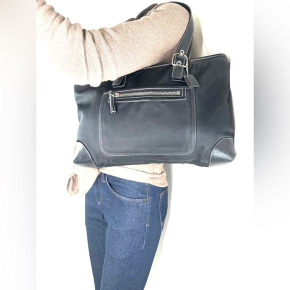 Coach 4450 Black Nylon Canvas East West Shoulder Bag Leather Trim Buckles - Picture 3 of 9